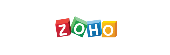 O logotipo da Zoho é feito de blocos coloridos em um fundo branco.