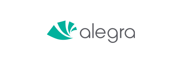 O logotipo da alegra é uma folha verde com a palavra alegra nela.