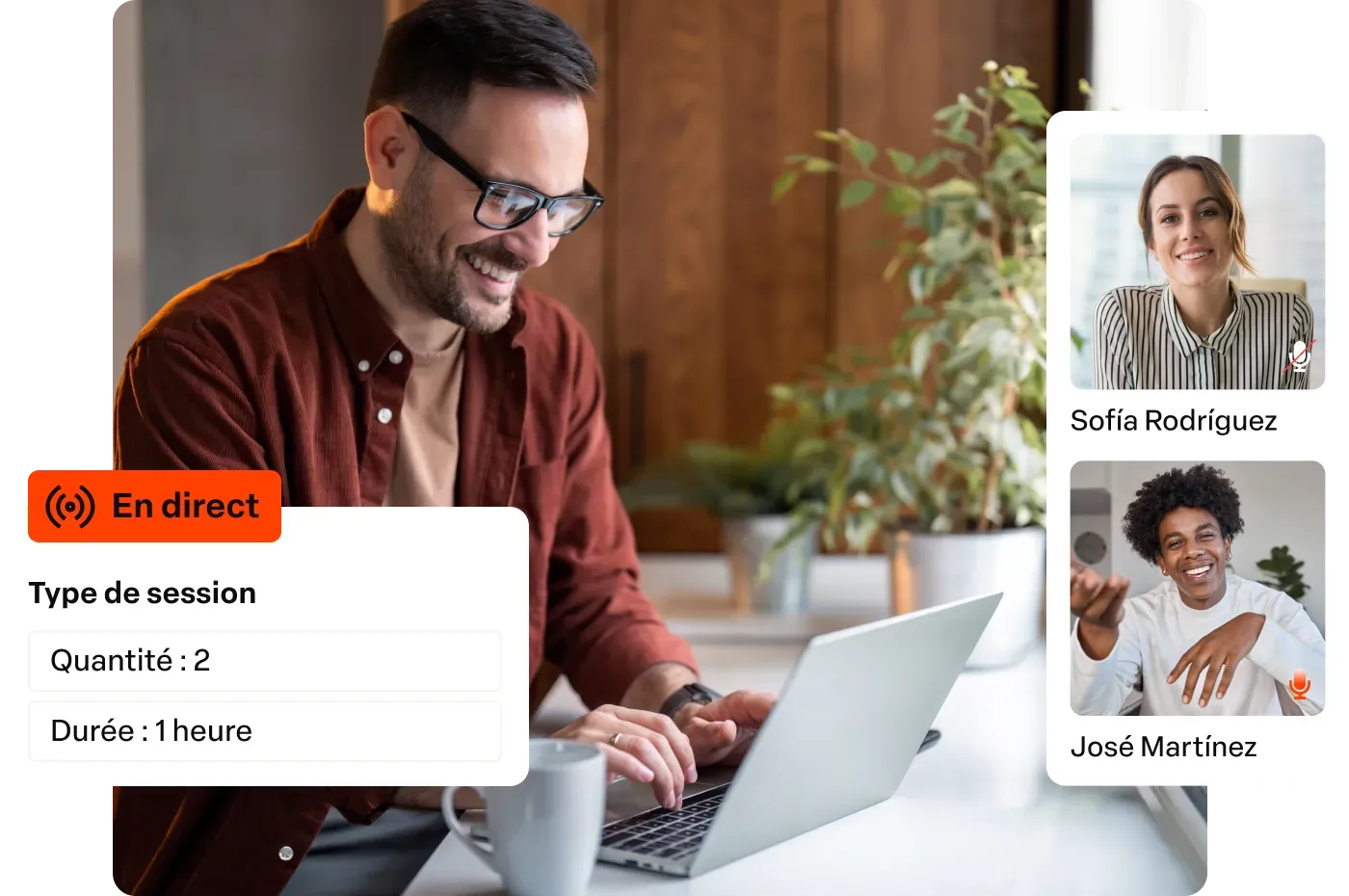 Mentor souriant animant une session en direct d’une heure sur la plateforme de mentorat Hotmart