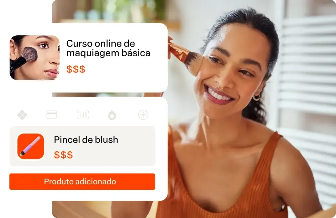 Mulher sorridente com blusa laranja ao lado de cartões de produtos de maquiagem e um botão laranja em uma tela estilo loja virtual.