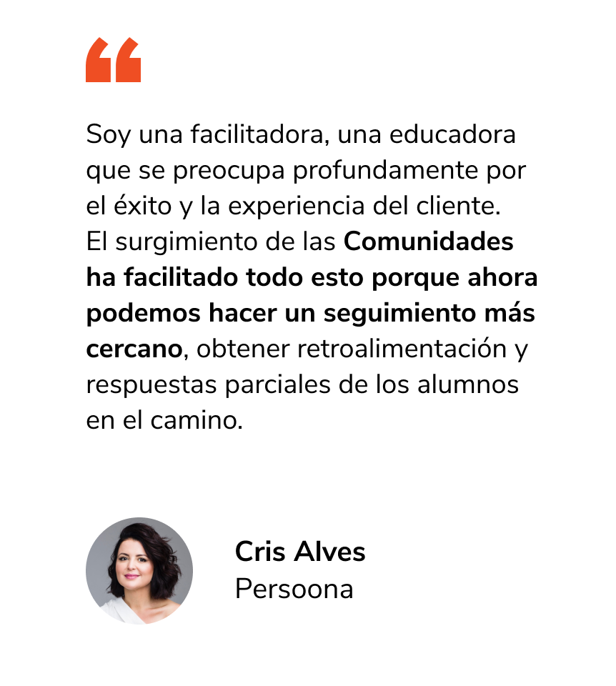 Depoimento em espanhol sobre comunidades, com citação em preto e avatar de Cris Alves de Persooona.