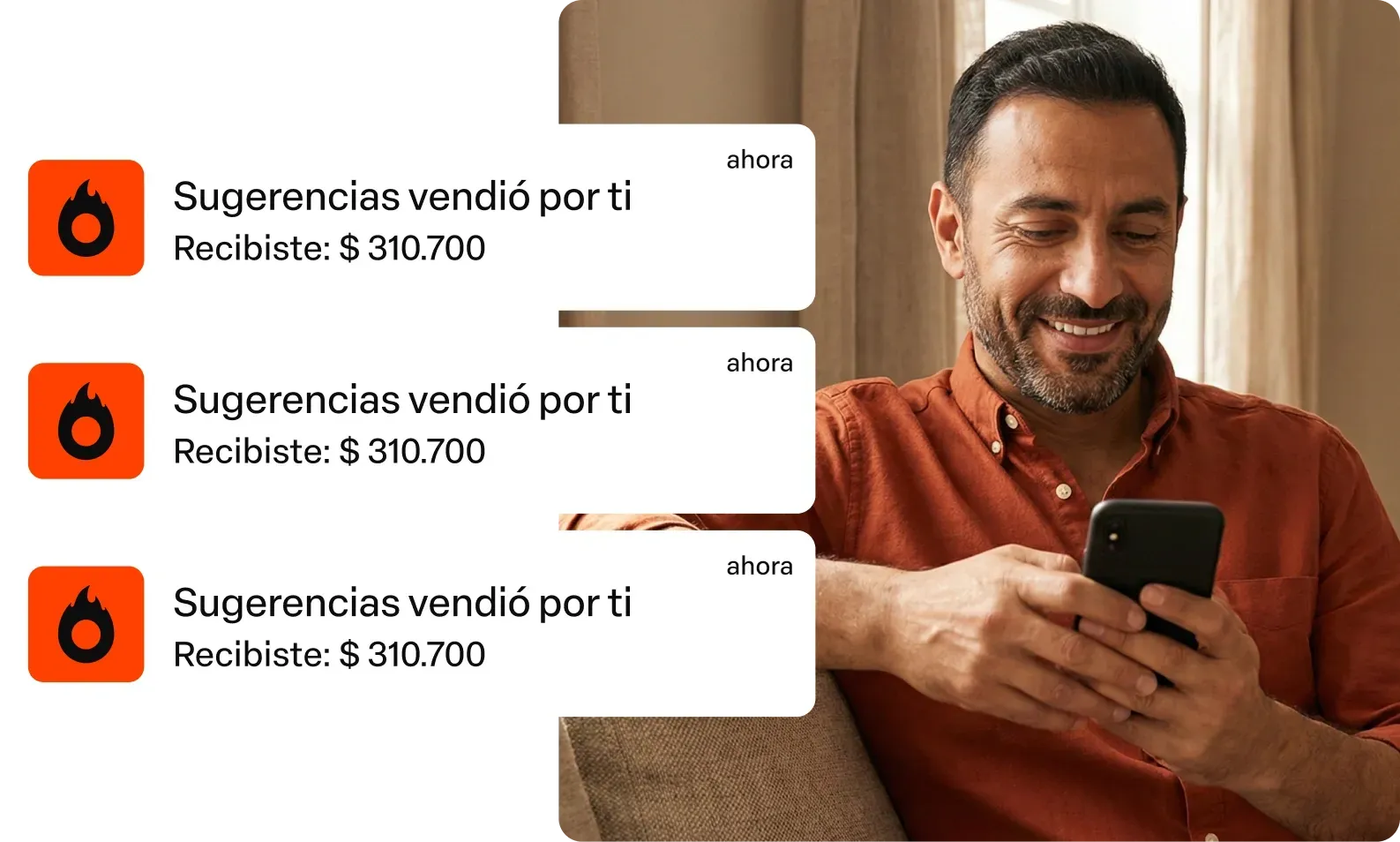 Usuário do celular recebendo notificações de recomendações do Hotmart em um cartão branco ao lado de ícones de aplicativos laranja.