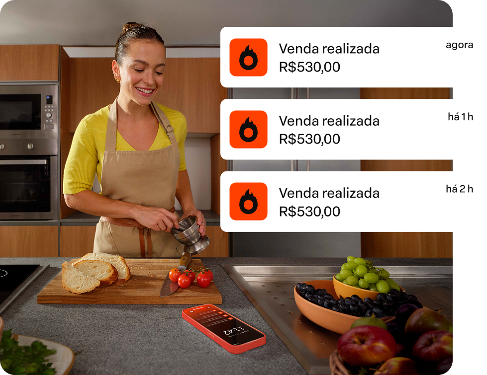 Mulher assando pão em uma cozinha, com notificações de vendas sobrepostas na tela.