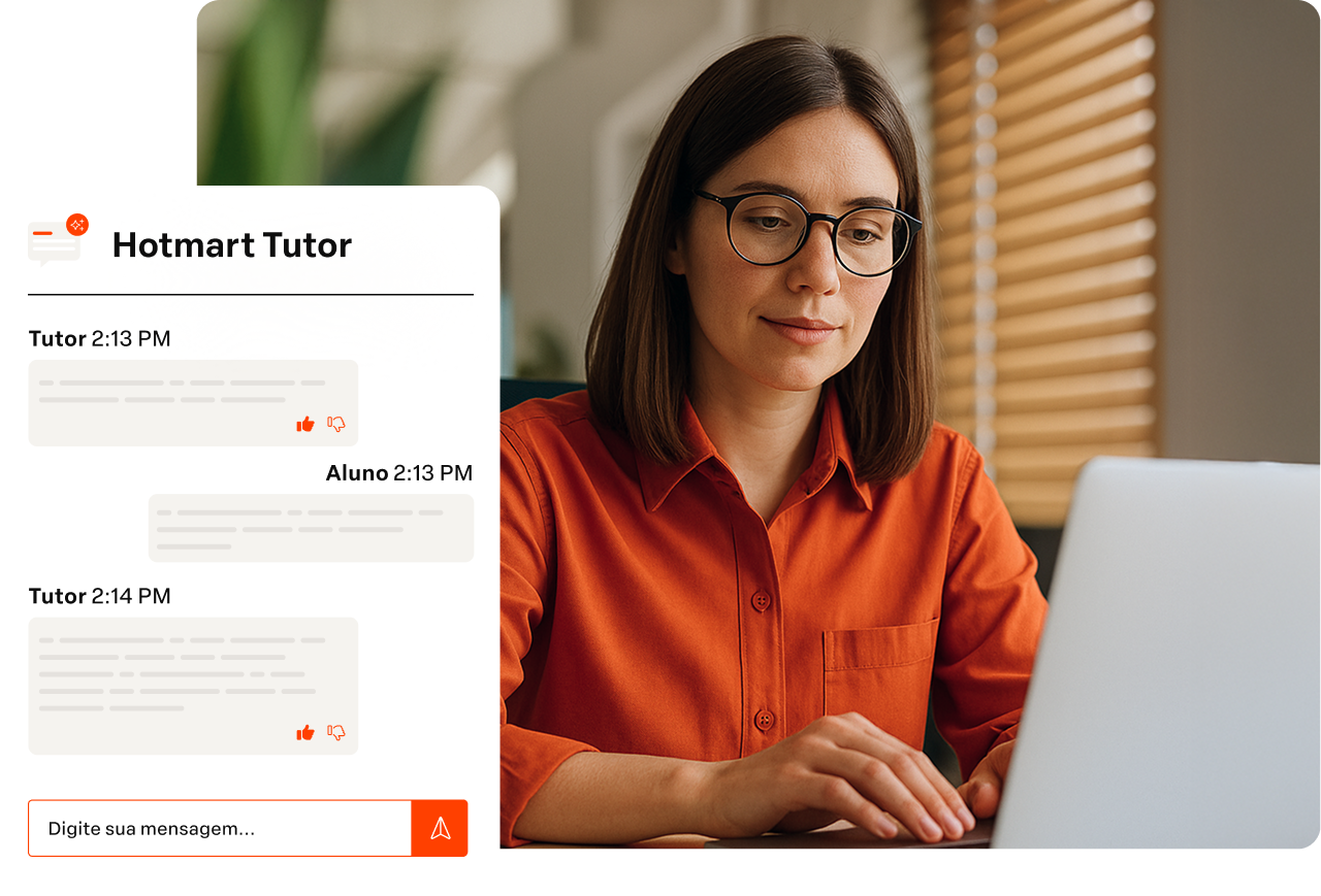 Painel do Hotmart Tutor ao lado de uma mulher com uma camisa laranja usando um laptop