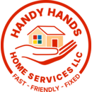 Handy Hands Home Services LLC logo: house in hand, red circle, orange/red text: 