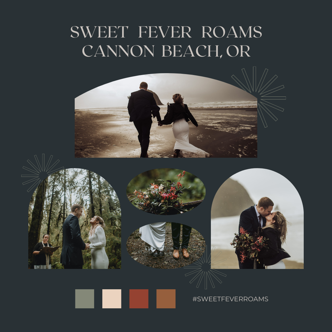 Wedding collage at Cannon Beach, Oregon with sunset beach portraits and muted gray, peach, and rust tones