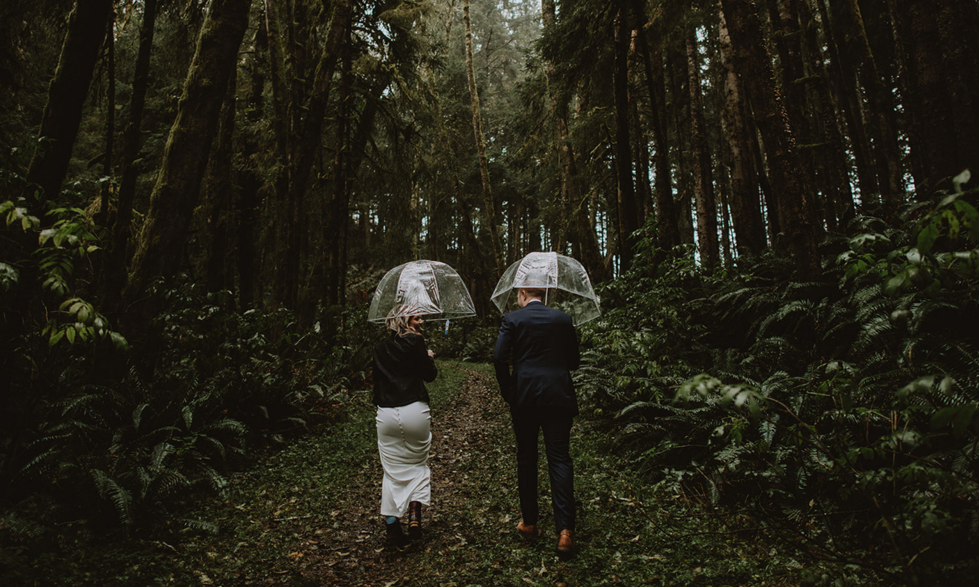 Two people walking with umbrellas through a dark forest path