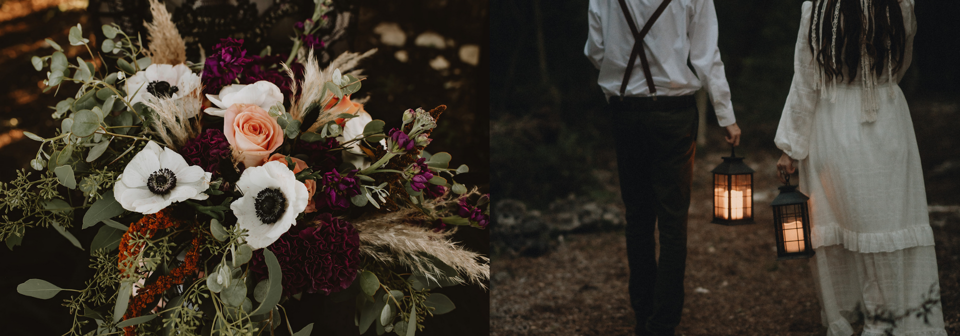 Wedding bouquet beside a couple walking hand in hand at dusk, holding a lantern