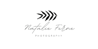 Nathalie Ferne Photography logo with black chevron leaf mark and cursive text on white background