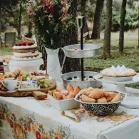 Outdoor buffet table with cakes, pastries, fruit, and a chocolate fountain under trees