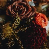 Close-up of dark red and orange roses with greenery in soft, warm light