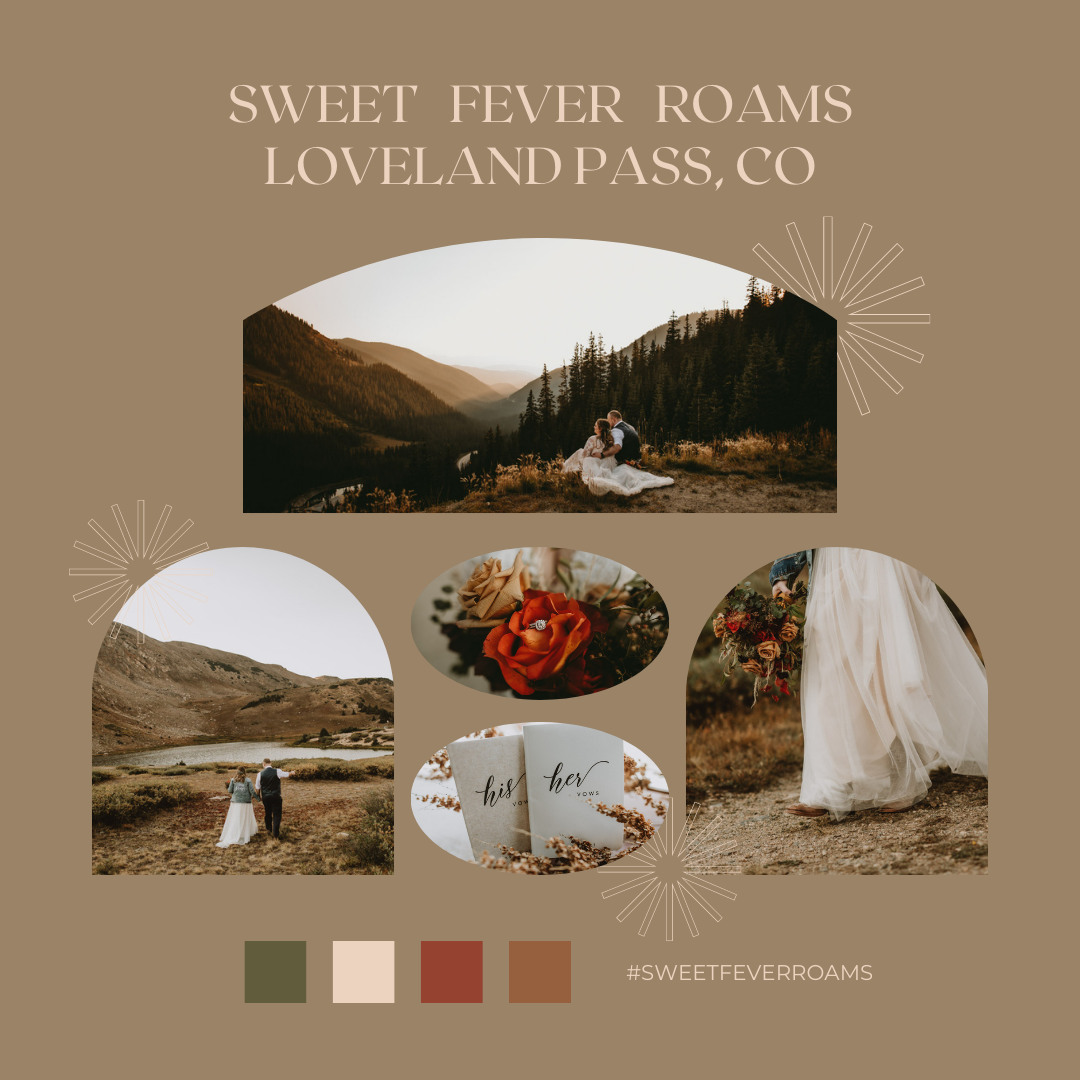 Collage for Sweet Fever Roams in Loveland Pass, CO, with mountain camping scenes and earthy color swatches