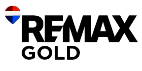 RE/MAX Gold logo. A black text with the logo of a red, white, and blue triangle. The word