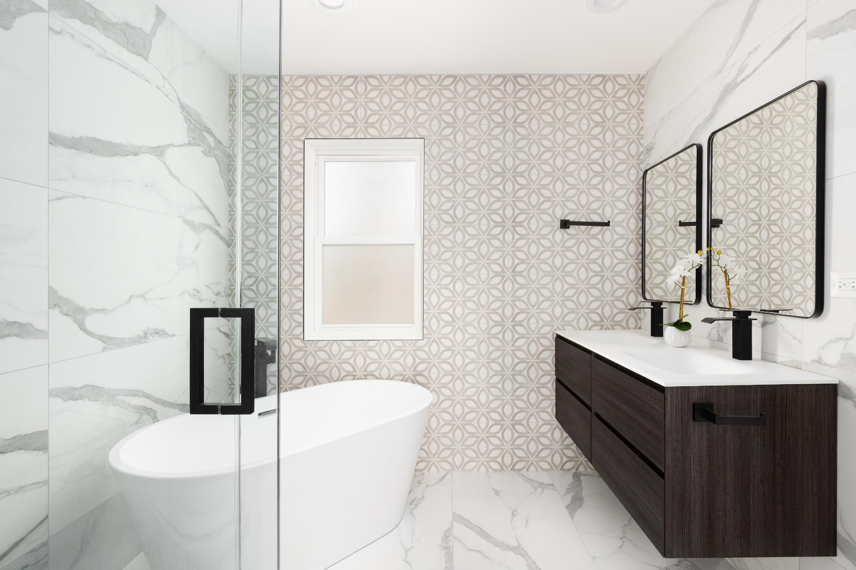 Bathroom With a Tub , Sink , Mirrors and a Walk in Shower — Glass & Window Centre, Dubbo, NSW