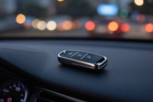 Car key fob resting on a car dashboard with blurred city lights ahead