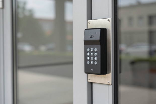 Black keypad access control mounted on a glass door frame