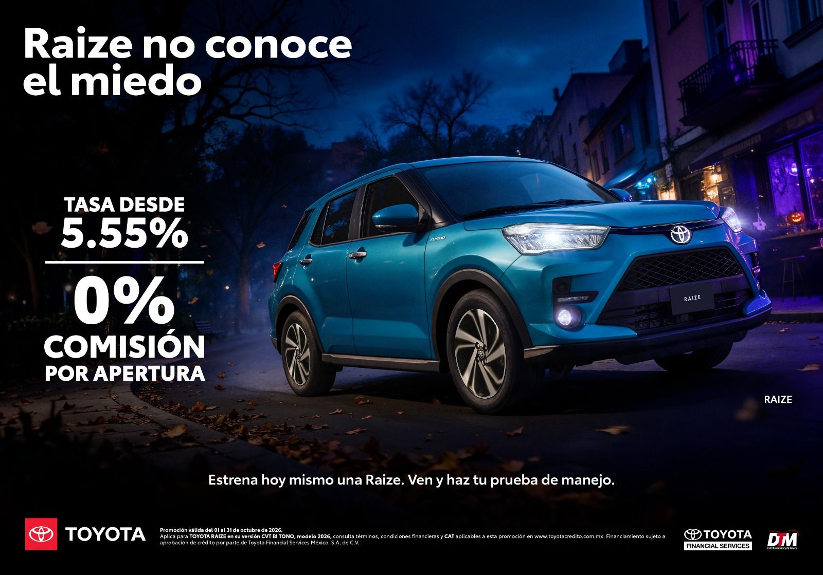 Publicidad de Toyota para septiembre con auto blanco y promociones de 0% comisión y 10% enganche