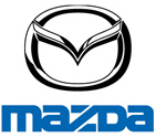 The mazda logo is black and white with a blue border.