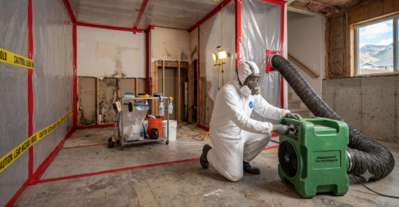 Mold Remediation Services Lehi UT by Utah Flood Guys, a technician using a HEPA negative air machine