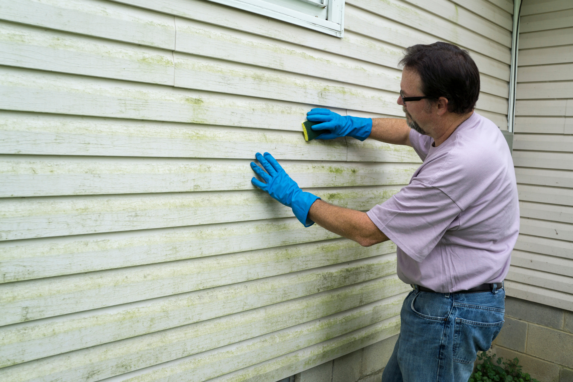 Man wearing gloves cleaning green algae off white siding.