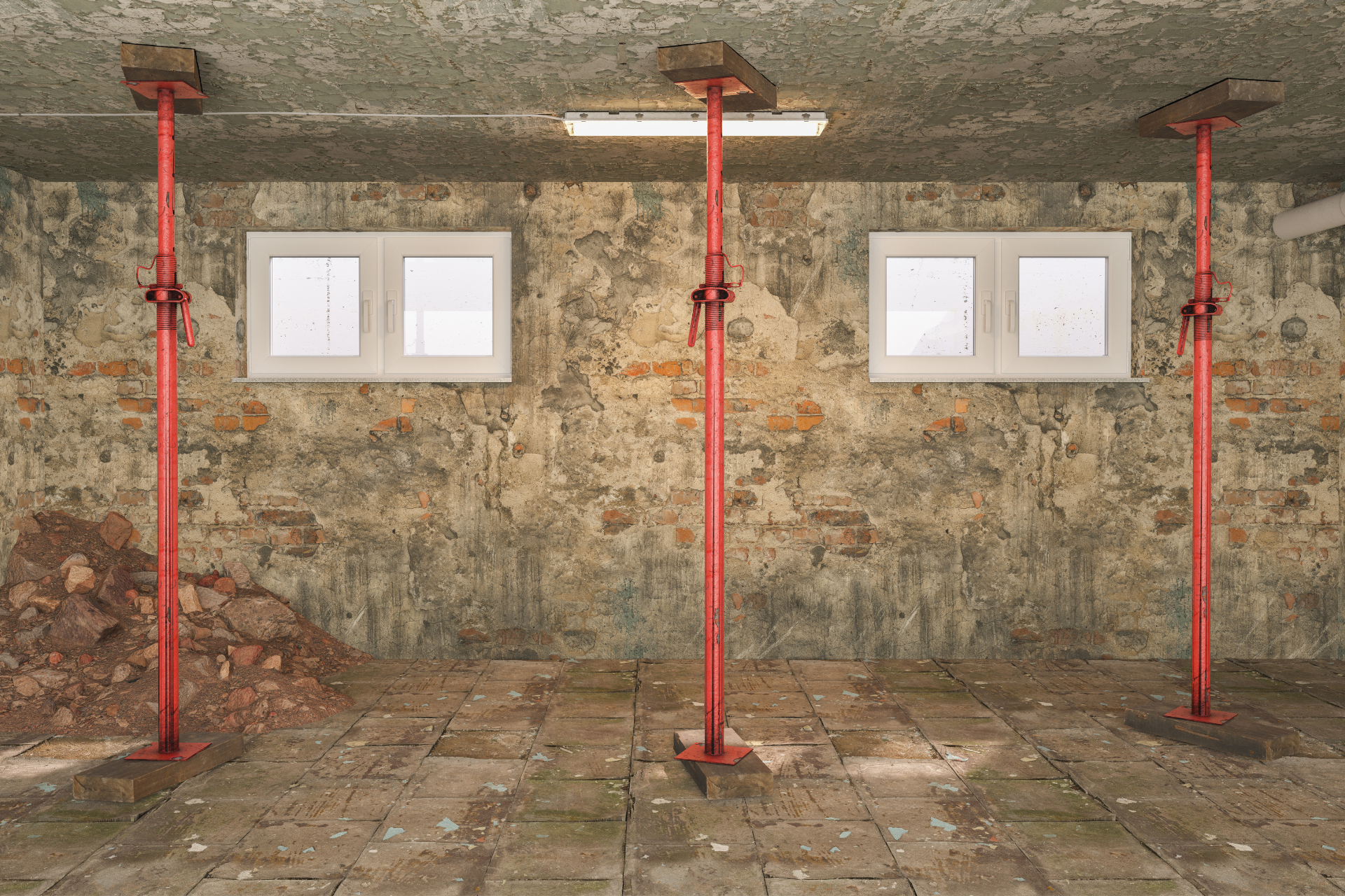 Three red adjustable support beams hold up a ceiling in a damaged room. Two windows are visible.