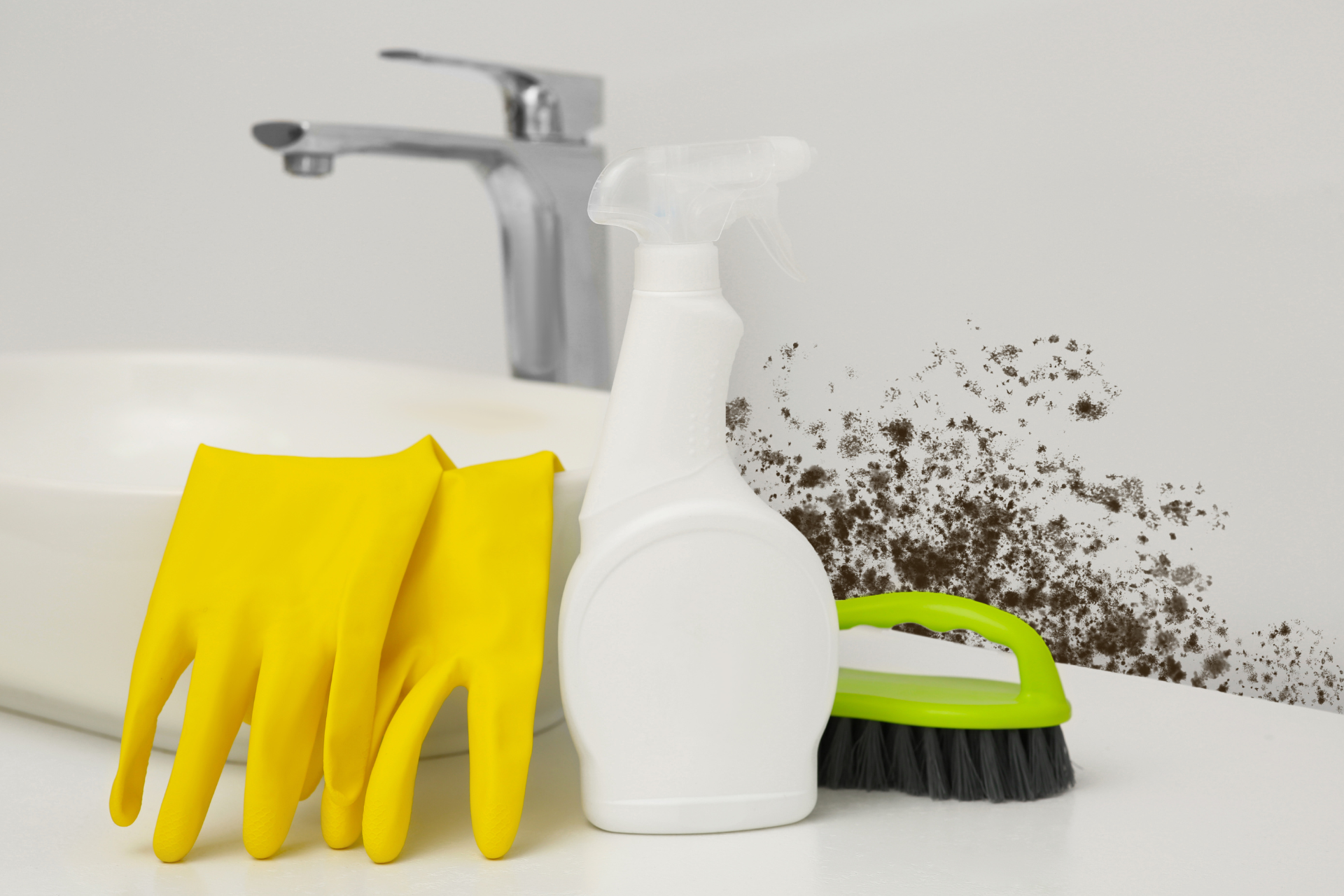 Bathroom with mold, cleaning supplies: gloves, spray bottle, scrub brush.
