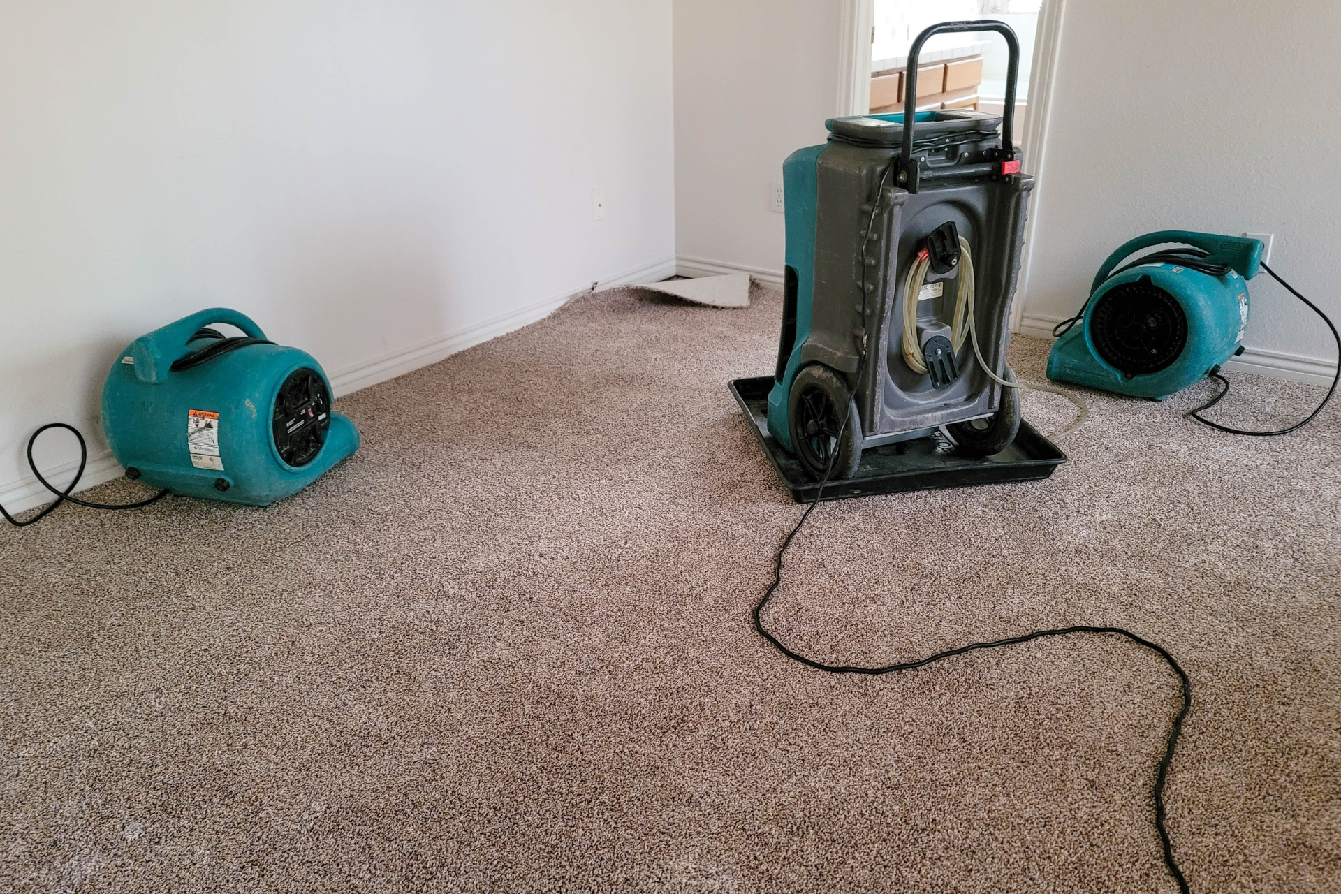 Two fans and a dehumidifier drying wet carpet in a room.