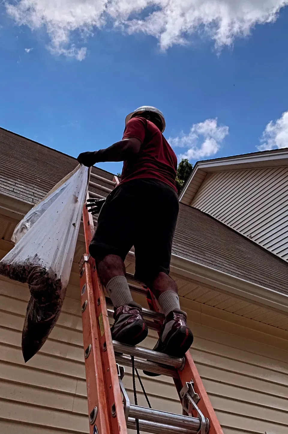 A man is standing on a ladder next to a house holding a bag.