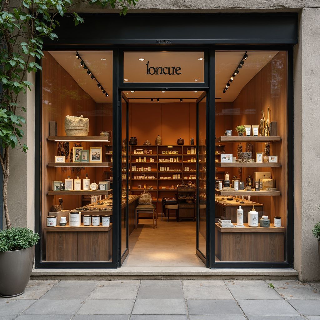 Storefront with wooden shelves and products, glass doors,