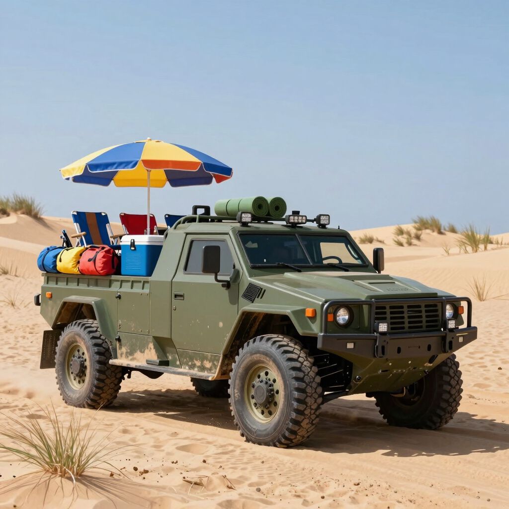 Green armored vehicle with camping gear and umbrella in a desert.