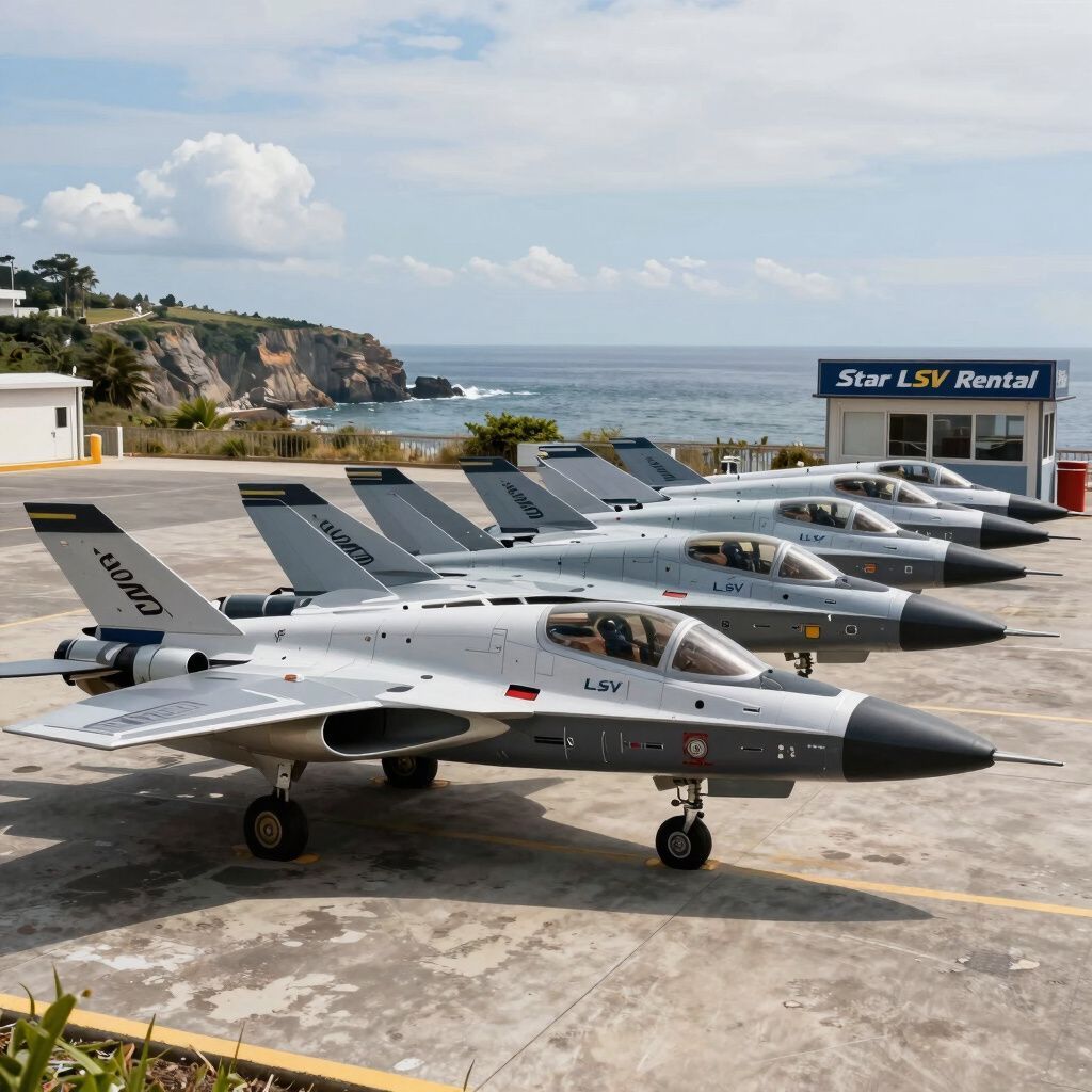 Grey fighter jets parked on a concrete surface, near a beach and water, under a blue sky.
