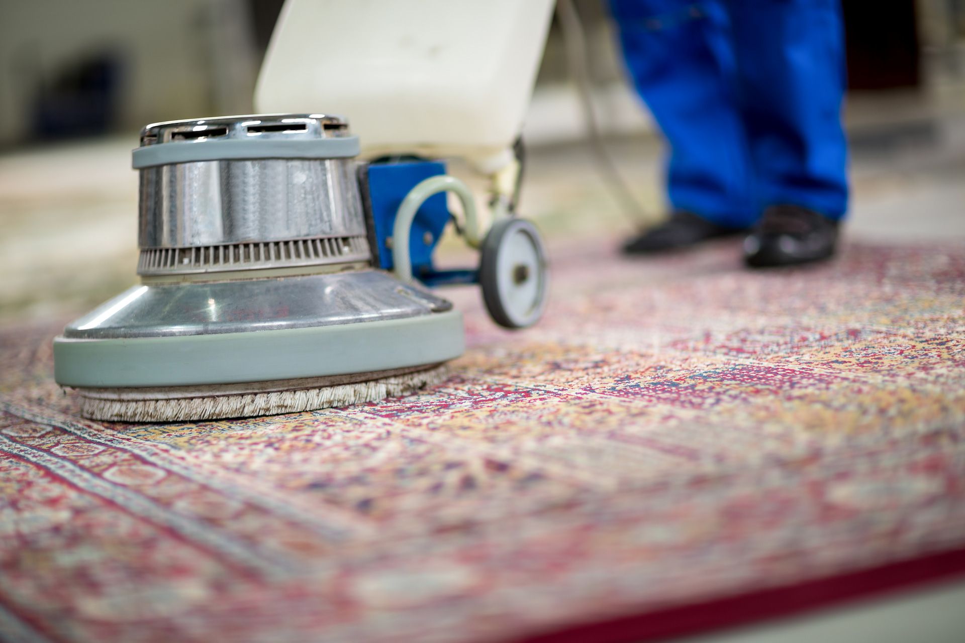 Carpet cleaning machine scrubbing a colorful rug. Person in blue overalls operates the machine.