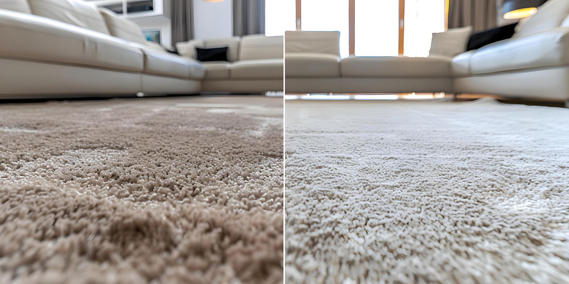 Person vacuuming a gray carpet in a living room; a clean strip contrasts with the soiled area.