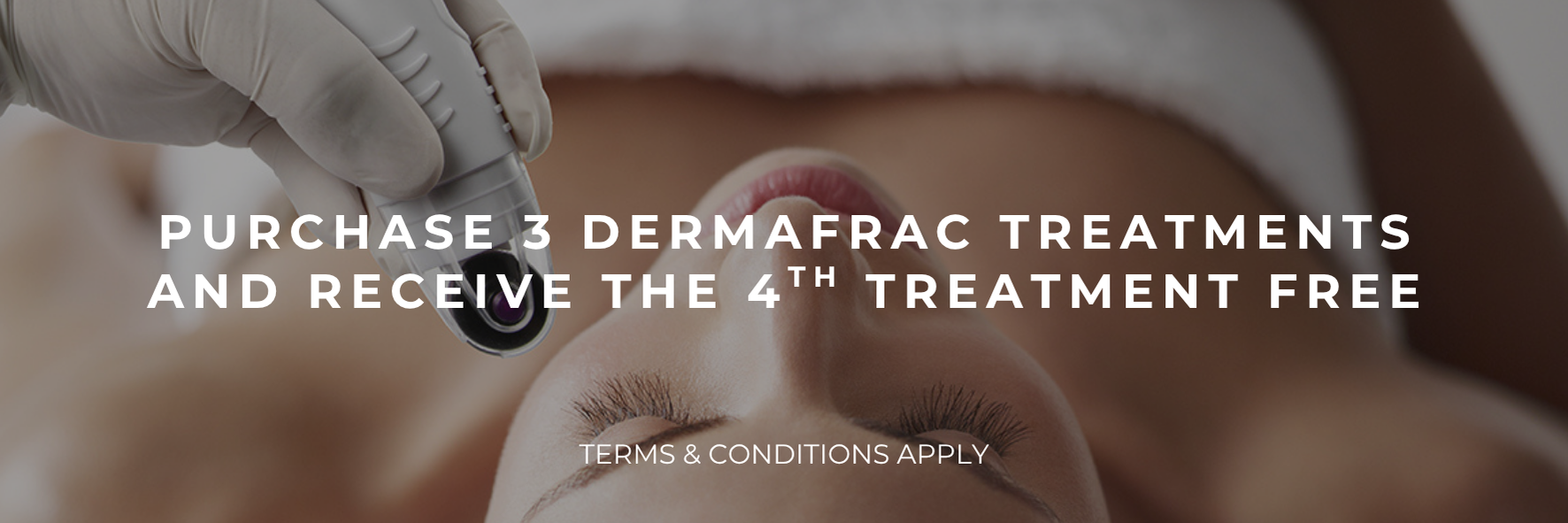 Hands in gray gloves holding a small cosmetic device with text: “Purchase 3 Dermafrac treatments and receive the 4th treatment free.”