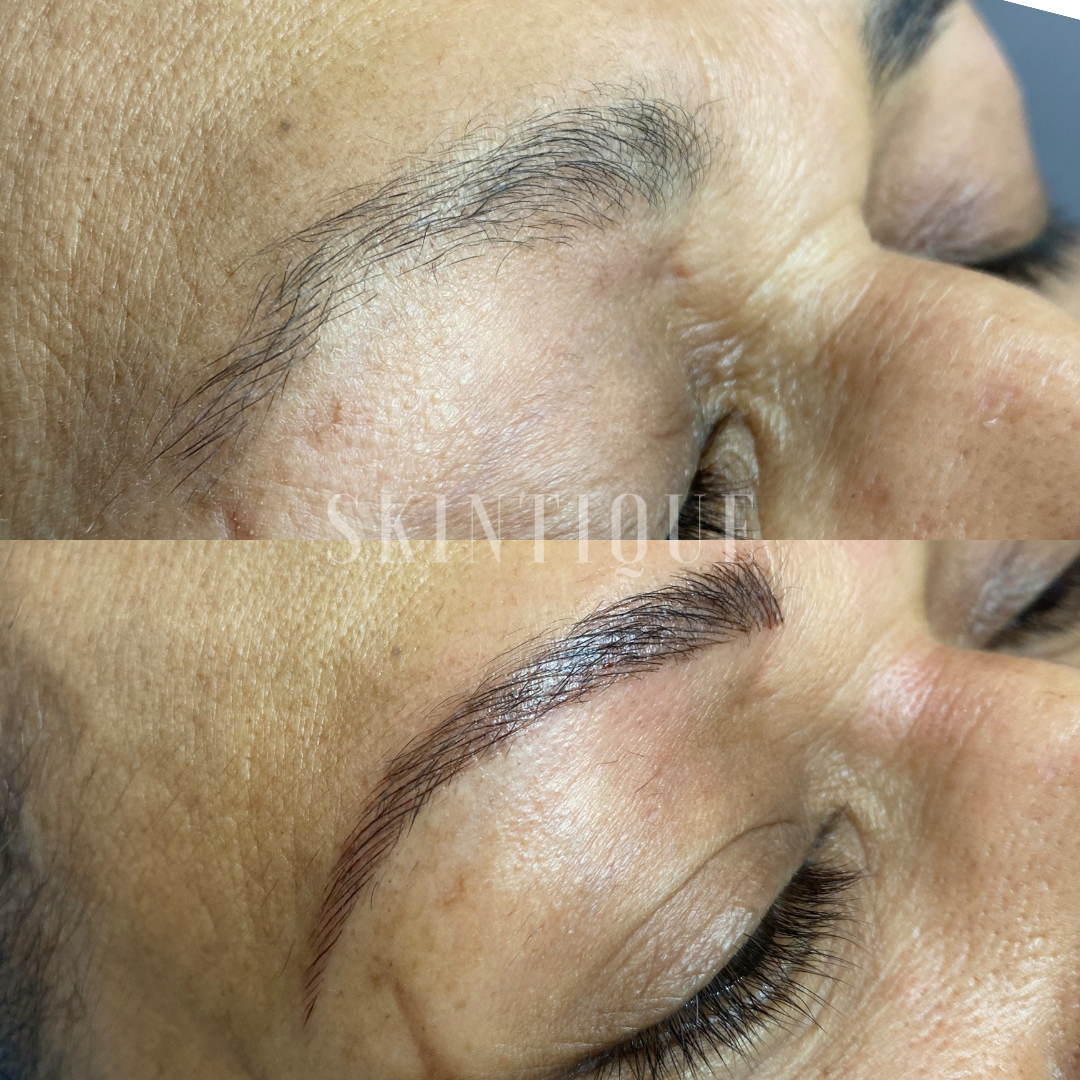Close-up of closed eyes with shaped eyebrows, showing a cosmetic eyebrow treatment.