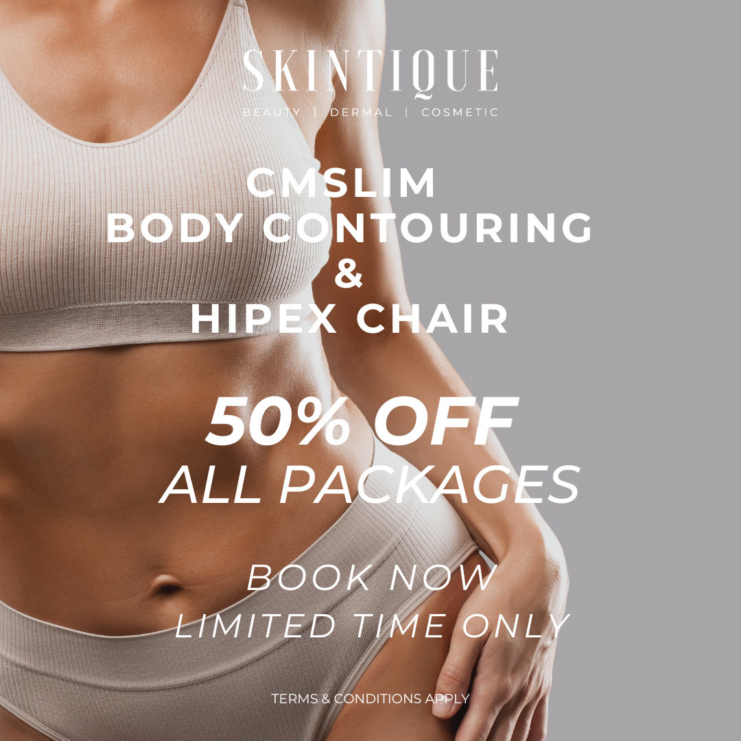 Promotional flyer for skin tightening, body contouring, and HIPEX chair, offering 50% off all packages.