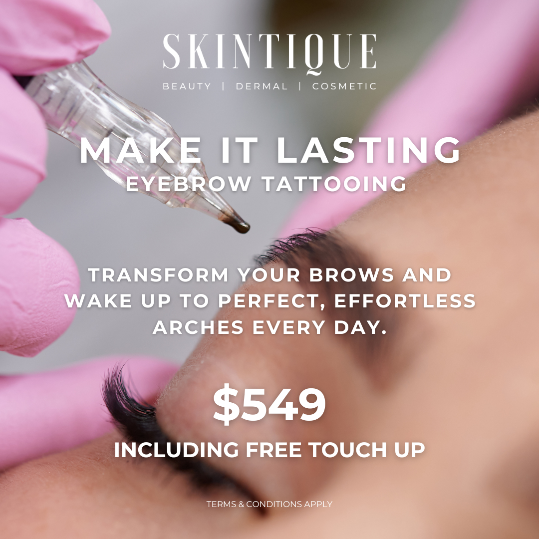 Eyebrow tattooing ad with pink background, brows being shaped, and text promoting lasting perfect arches for $549.