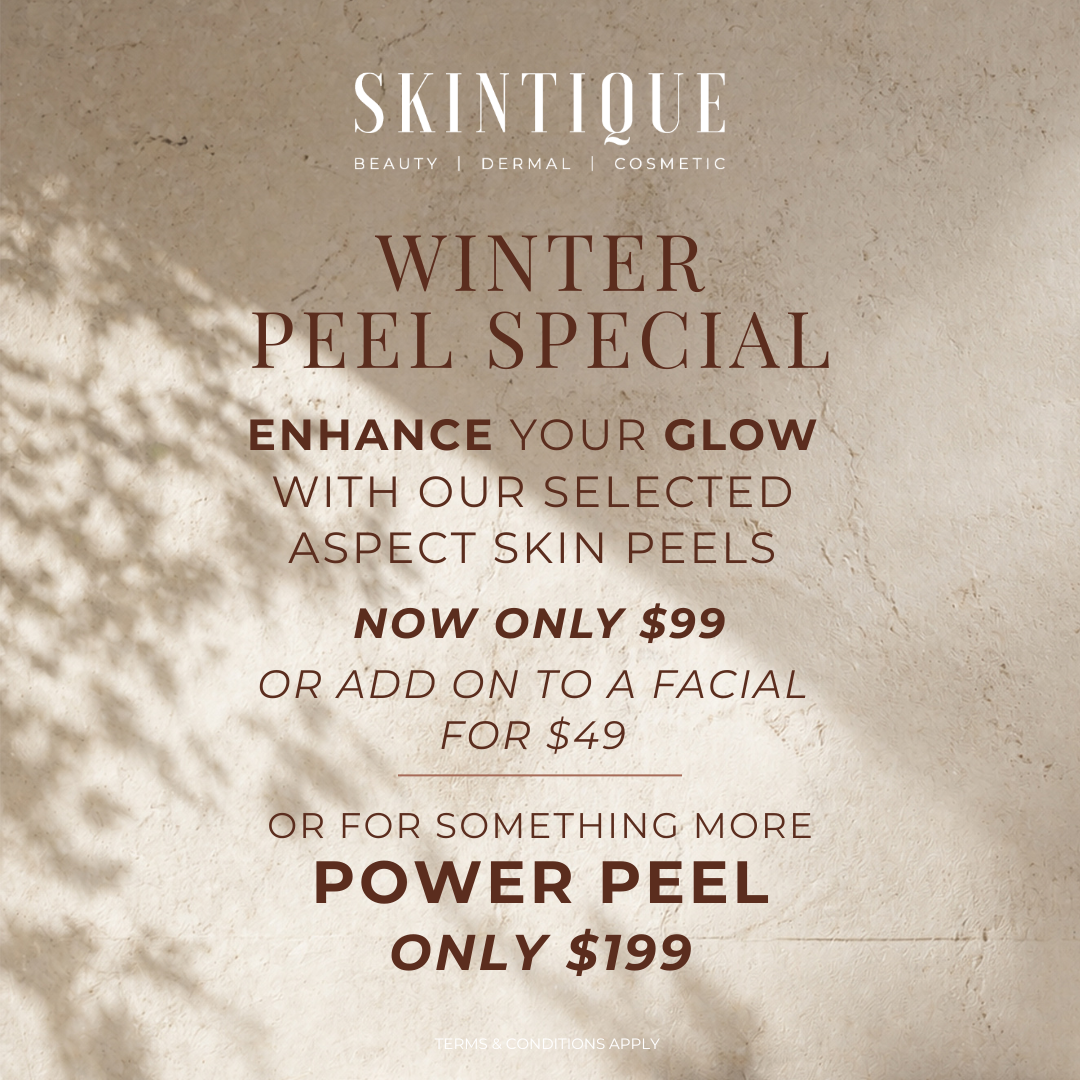 Skintique Winter Peel Special ad with beige background and offer prices: $99 peel, $49 facial add-on, $199 power peel
