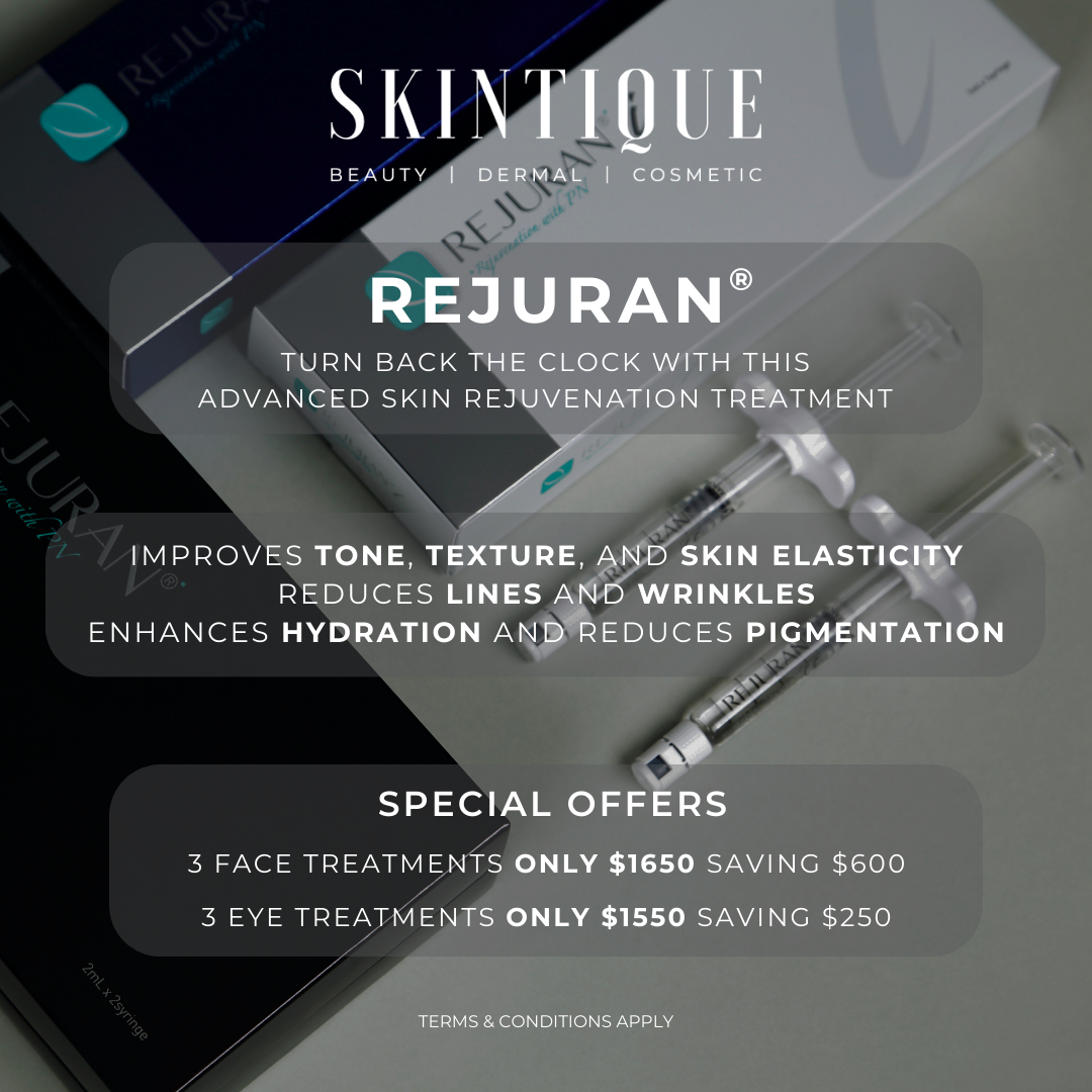 Skintipole skincare ad for Rejuran with treatment benefits and special offer on a dark geometric background