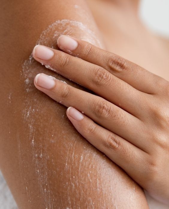 Hand applying lotion to a shoulder with visible white cream residue.