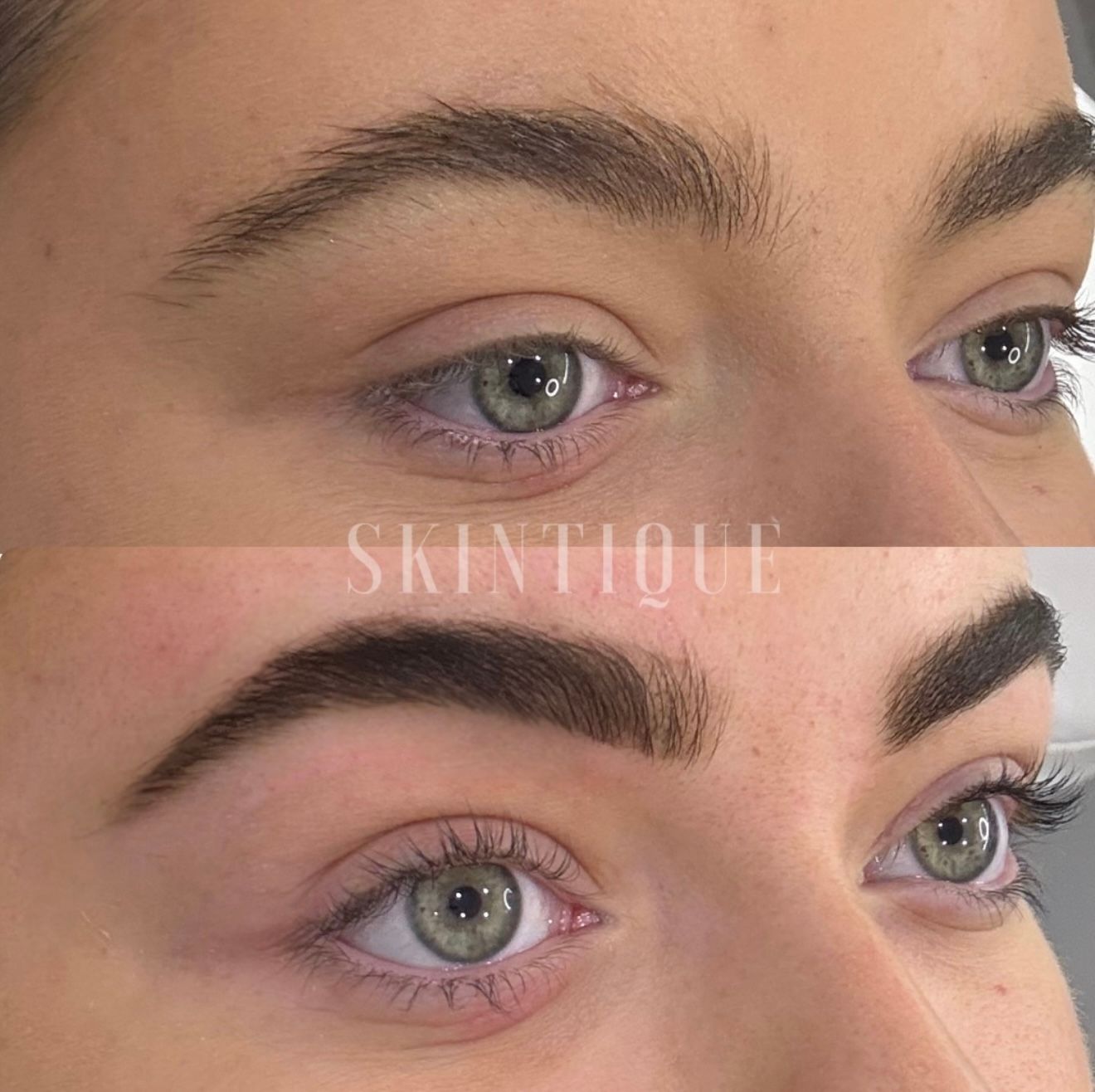 Before-and-after close-up of an eye area with fuller, darker eyebrow microblading.