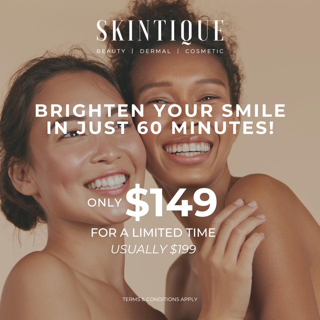 Promotional banner for teeth whitening, with smiling people and text: “Brighten your smile in just 60 minutes! $149”