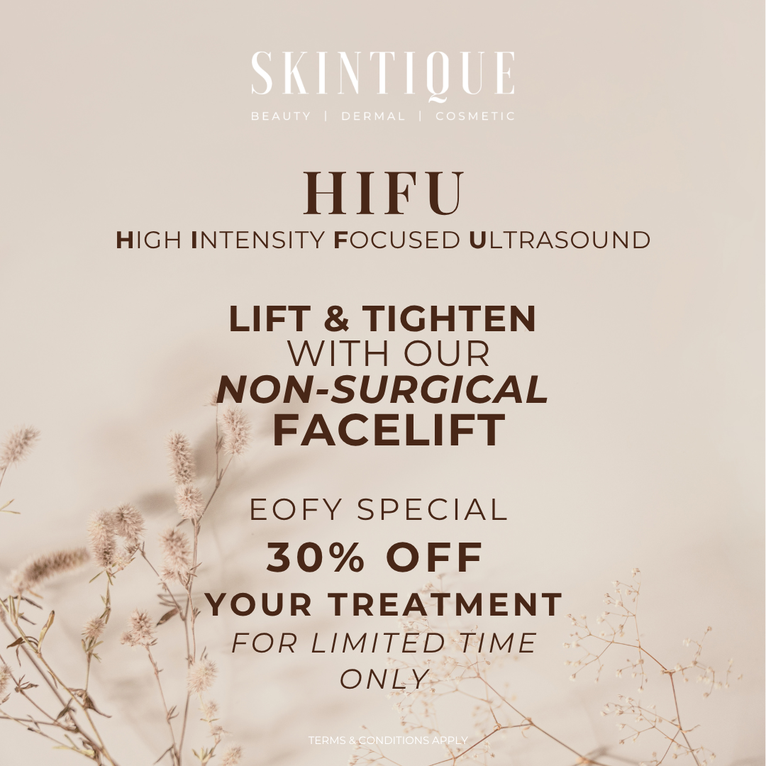 Skintique promo for HIFU facelift: lift and tighten non-surgical treatment, 30% off limited time