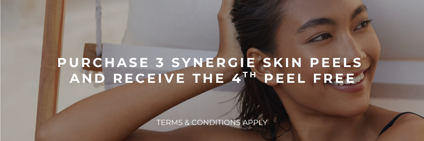 Spa promotion text over a woman lying down: “Purchase 3 Synergie Skin peels and receive the 4th peel free.”