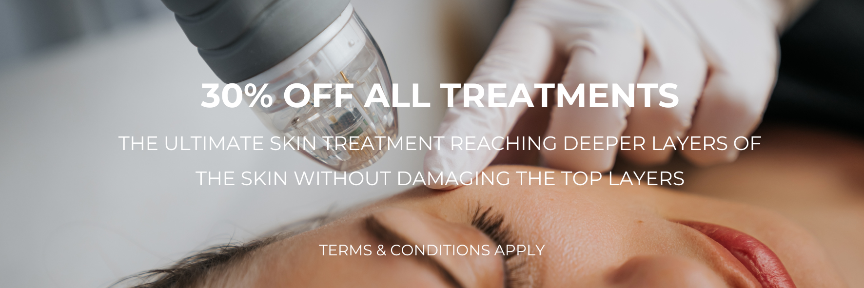 30% off all treatments over a spa close-up with a woman lying down and white text overlay