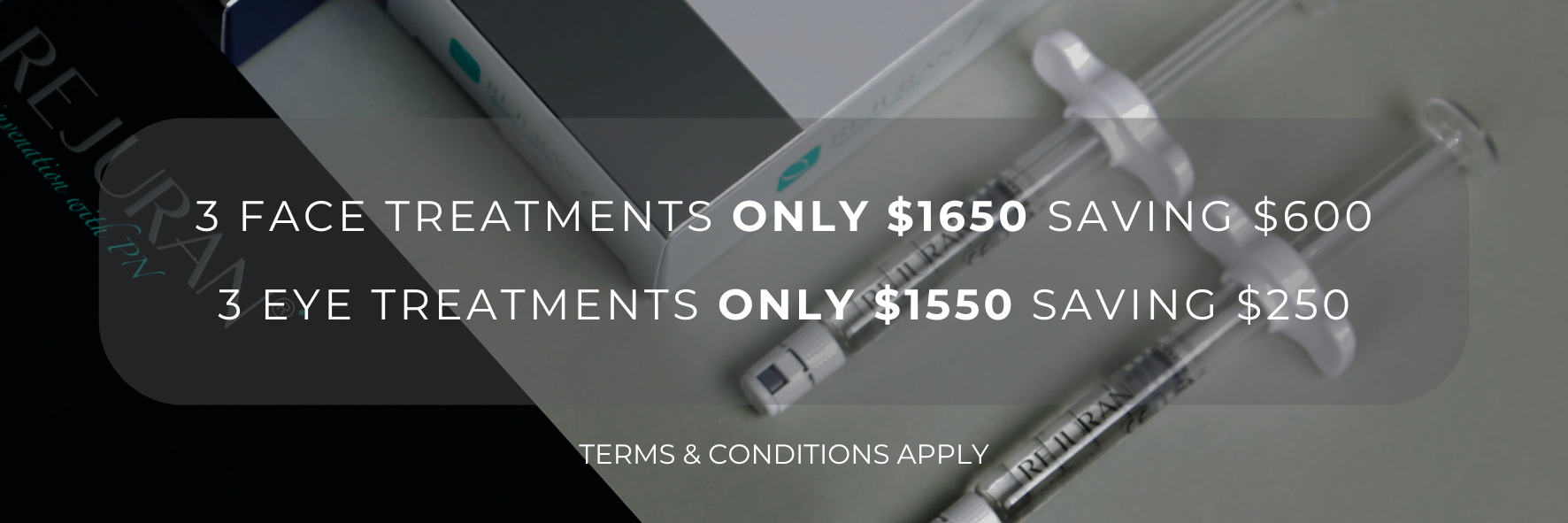 Promotional graphic for face and eye treatments with savings text over a gray background
