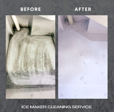 A before and after picture of an ice maker cleaning service