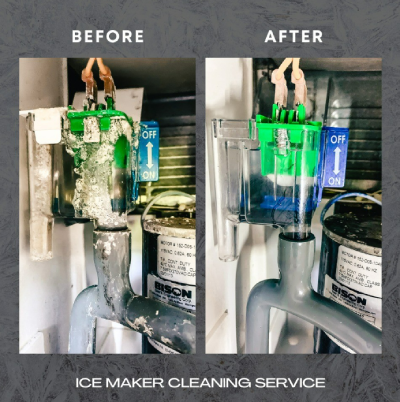 A before and after picture of an ice maker cleaning service