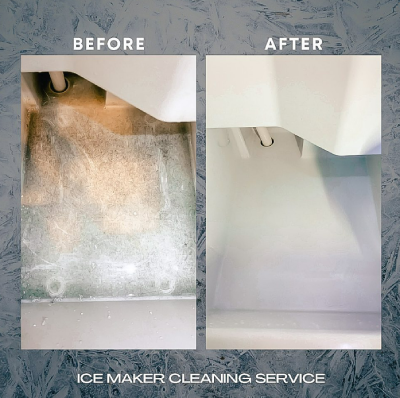 A before and after picture of an ice maker cleaning service
