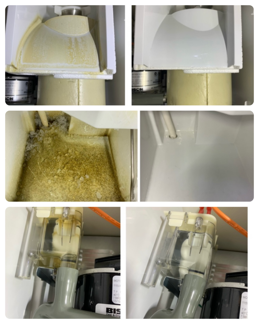 A collage of pictures showing the inside of a refrigerator